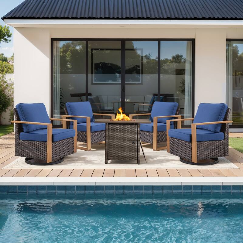 Meyreso 5-Piece Wicker Patio Conversation Set with Fire Pit & Plush 4.5" Olefin Cushions