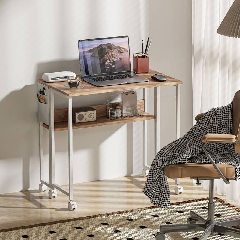 HOMCOM Small Folding Desk, Rolling Computer Desk Foldable with Storage Bag and Shelf, 31.5" Portable Writing Table on Wheels