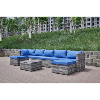 8 Pcs Patio Sectional Sofa Set, All-Weather Outdoor PE Rattan Wicker Conversation Furniture Set with Cushions and Tea Table