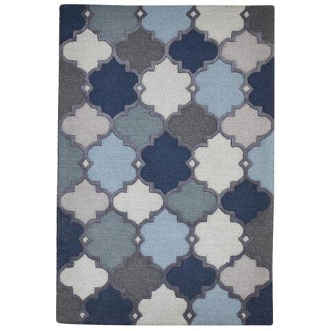 One of a Kind Hand-Tufted Modern 4' x 6' Trellis Wool Blue Rug - 4' x 6'