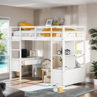 Elegant & Multifunctional Design Twin Size Loft Bed with Built-in Desk with 2 Drawers, and Storage Shelves, Space Saving, White