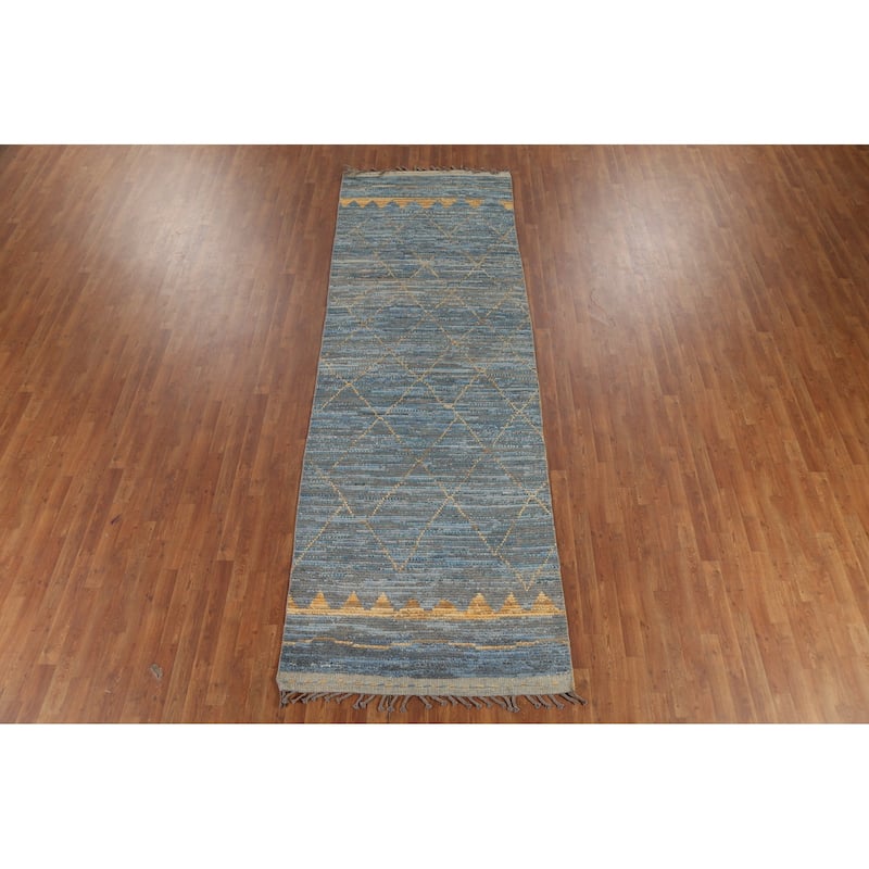 Trellis Blue Moroccan Oriental Runner Rug Hand-Knotted Wool Carpet - 4'0"x 12'3"