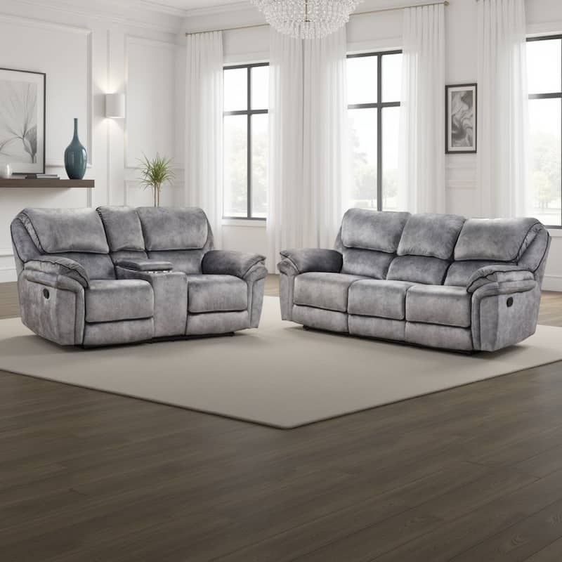Arisa Sofa and Loveseat Manual Recliner Set, Gray Faux Leather, Drop Table