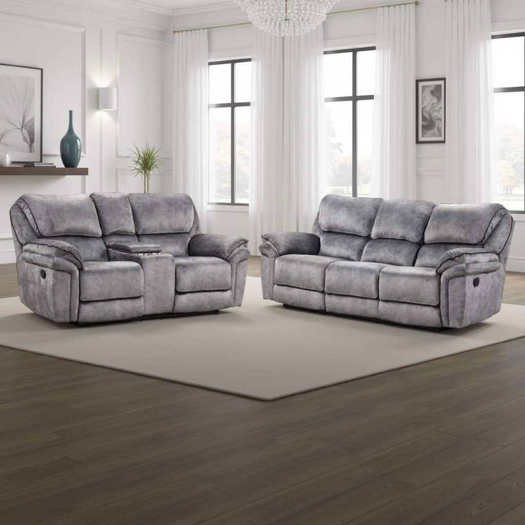 Arisa Sofa and Loveseat Manual Recliner Set, Gray Faux Leather, Drop Table