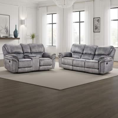 Arisa Sofa and Loveseat Manual Recliner Set, Gray Faux Leather, Drop Table