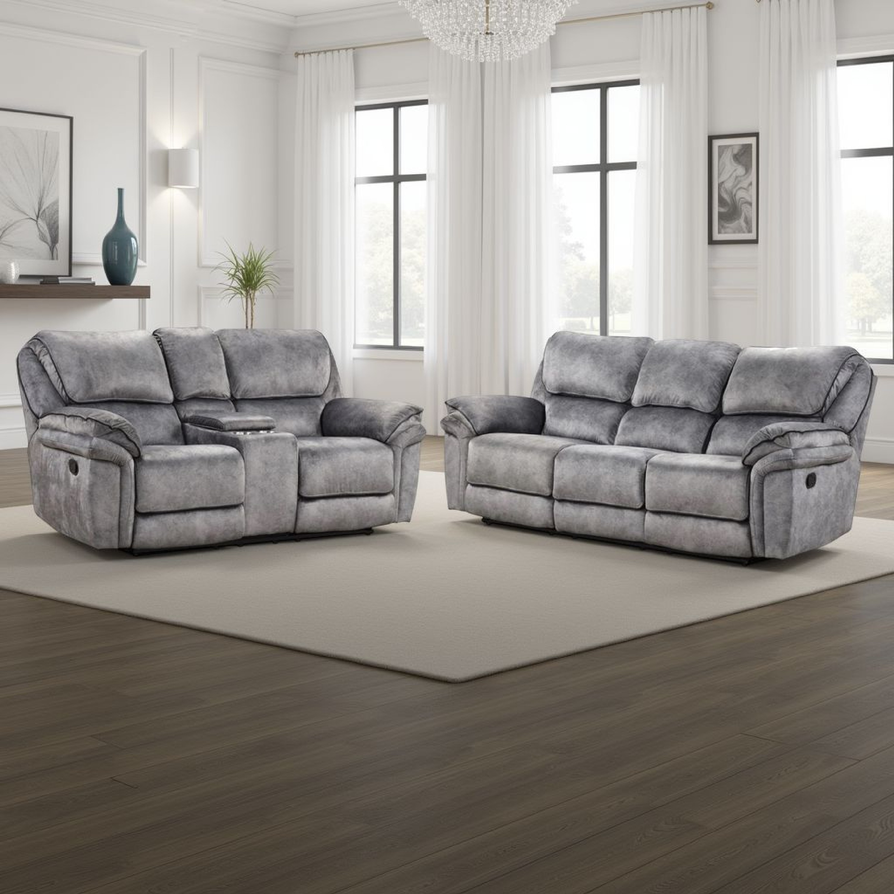 Arisa Sofa and Loveseat Manual Recliner Set, Gray Faux Leather, Drop Table