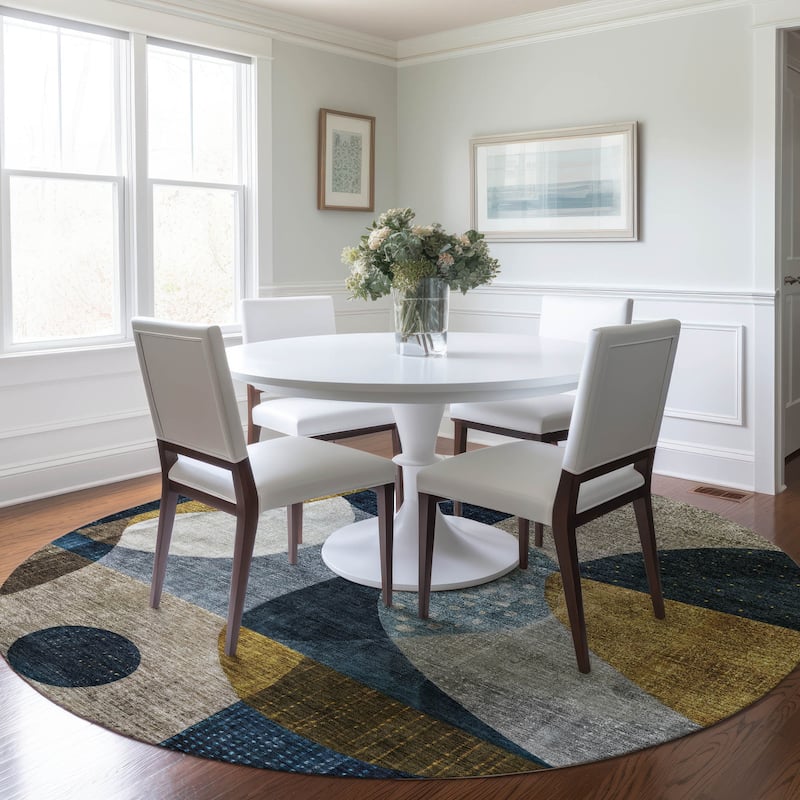 Machine Washable Indoor/ Outdoor Abstract Modern Chantille Rug - Blue - 8' x 8'