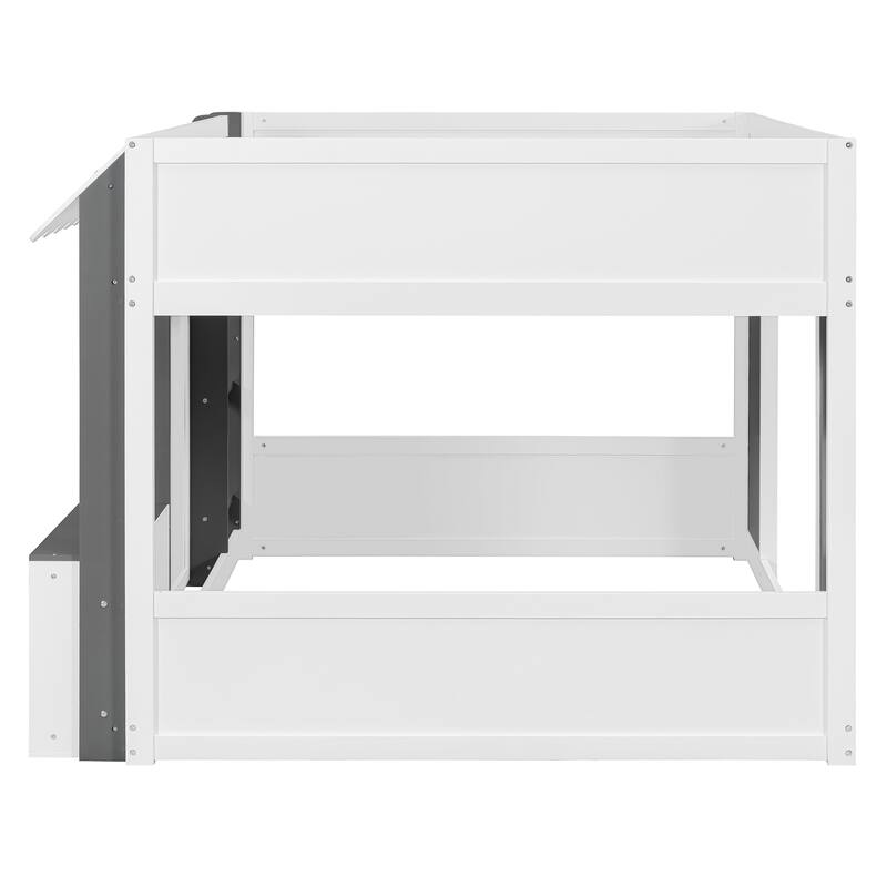 Full Size House Loft Bed Kids Playhouse Bed with Cabinets Secure Ladder Guardrails Cottage Style Canopy, Wooden House Bunk Bed