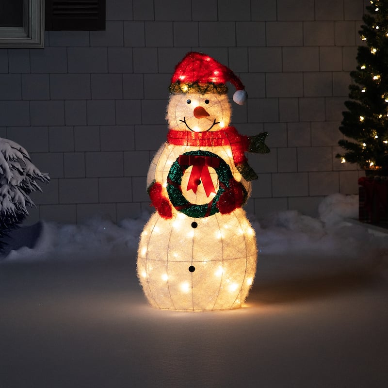 38" Lighted White Red Tinsel Snowman Wreath Outdoor Christmas decor