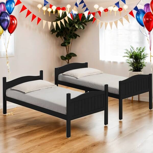 slide 2 of 8, Kid Bed Frame Wooden Versatile Twin over Twin Bunk Bed with Arched Headboard Black
