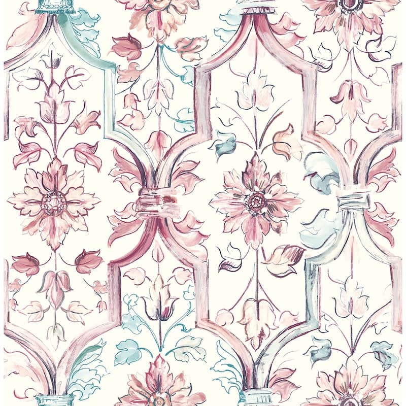Seabrook Designs Tivoli Floral Trellis Unpasted Wallpaper - 20.5 in. W x 33 ft. L - Aqua & Metallic Fuchsia