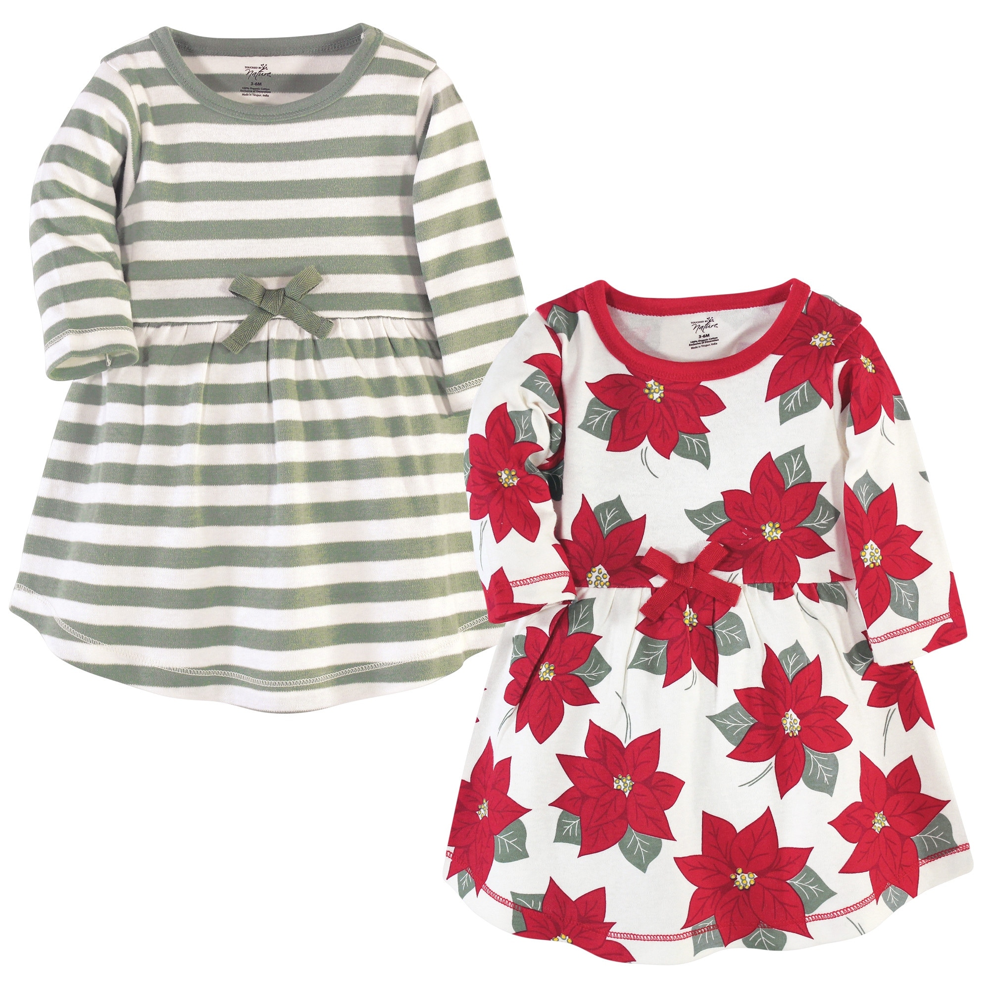 Touched by Nature Baby and Baby Girl Organic Cotton Long-Sleeve Dresses 2pk, Poinsettia