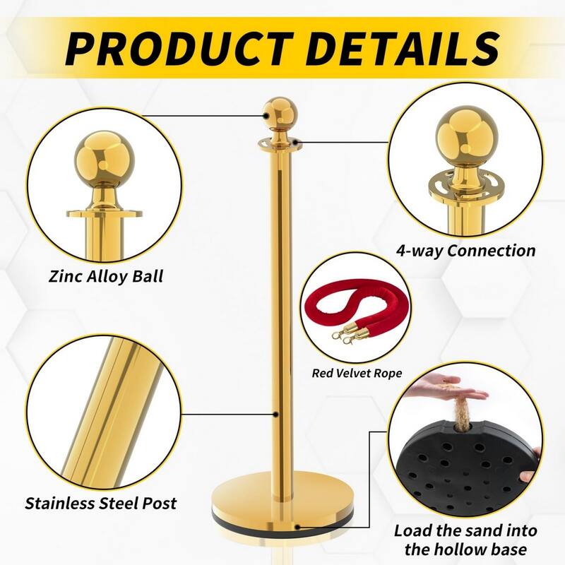 Velvet Ropes and Posts, 5 ft/1.5 m Red Rope, Stainless Steel Gold Stanchion with Ball Top