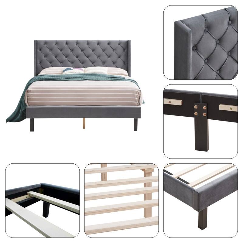 Wings Design bed frame Gray platform bed Velvet queen bed