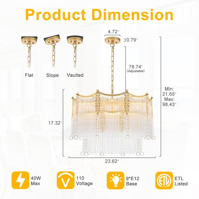 Gold Chandelier Clear Glass Rods & Hanging Crystal Balls Accents