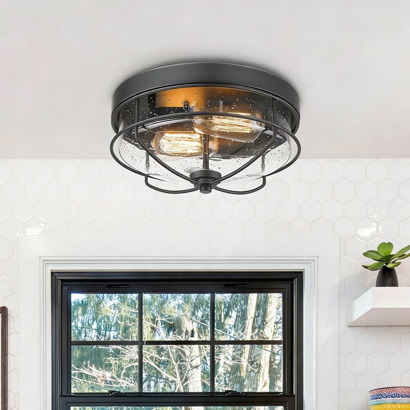 Flush Mount Ceiling Light Industrial Farmhouse Fixture with Seeded Glass Shade