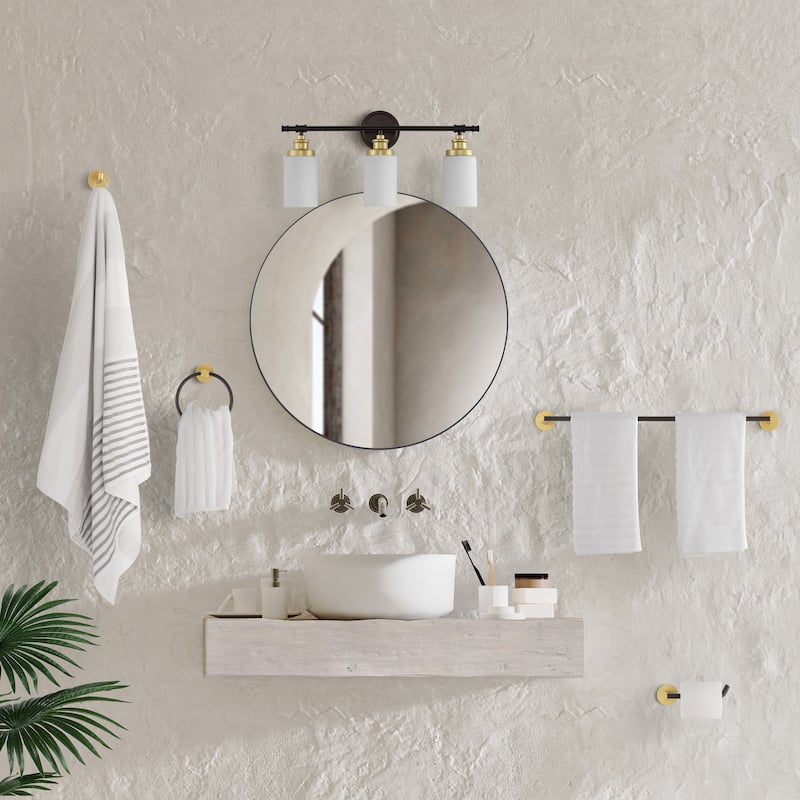 Hugo 23.25" 3-Light Classic Vanity Light with Frosted Glass Shades and Bathroom Hardware Accessory Set, (5-Piece) by JONATHAN Y