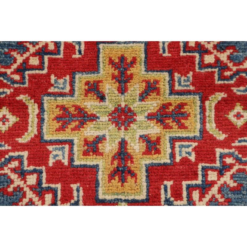 Blue Geometric Kazak Foyer Rug Hand-Knotted Traditional Wool Carpet - 2'10" x 4'1"