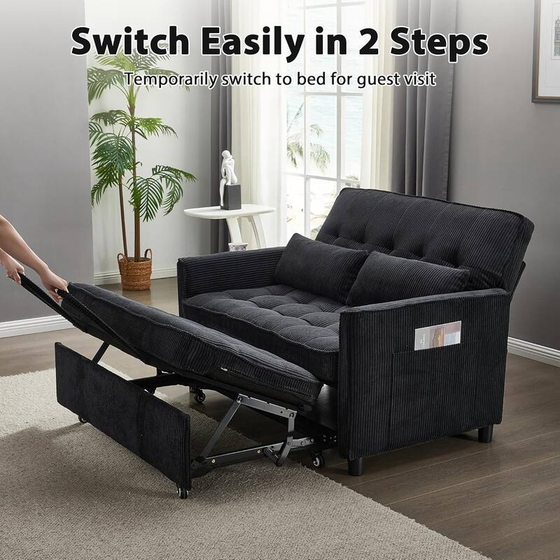 Sleeper Sofa Bed, 52" Convertible Pull Out Couch with Small Table,USB Port,Side Pockets,Corduroy Fabric,Adjustable Backrest