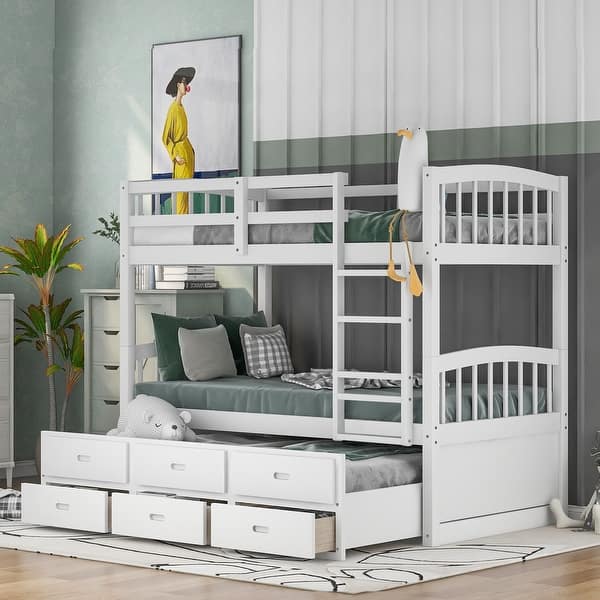 slide 2 of 32, Rustic Concise Design Twin over Twin Bunk Bed with Build-In Ladder,Trundle and Storage Drawers,Arched Headboard and Footboard White