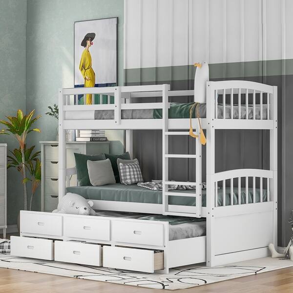 slide 2 of 18, Twin Over Twin Bunk Bed w/Trundle, Wooden Detachable Bunkbeds Frame White - Twin