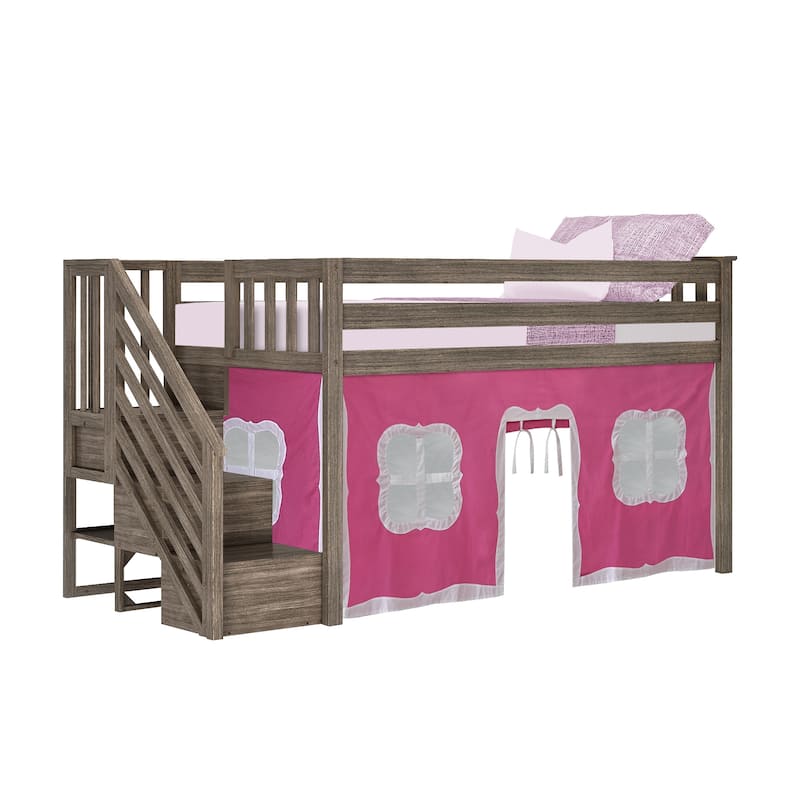 Max and Lily Twin Low Loft with Stairs and Curtains