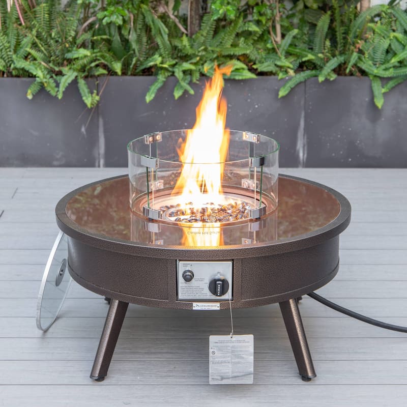 Leisuremod Walbrooke Modern Outdoor Patio Round Fire Pit Table for Porch Backyard Deck - 29 - Brown