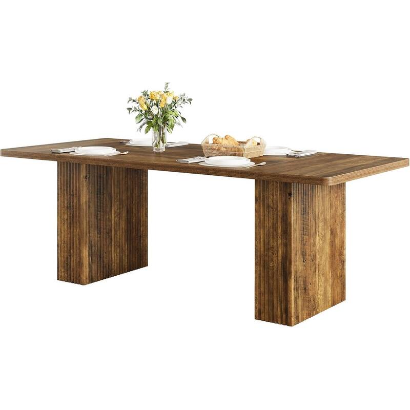 70.1'' Farmhouse Dining Table, Rustic Rectangle Wood Kitchen Table with Fluted Pedestal Base