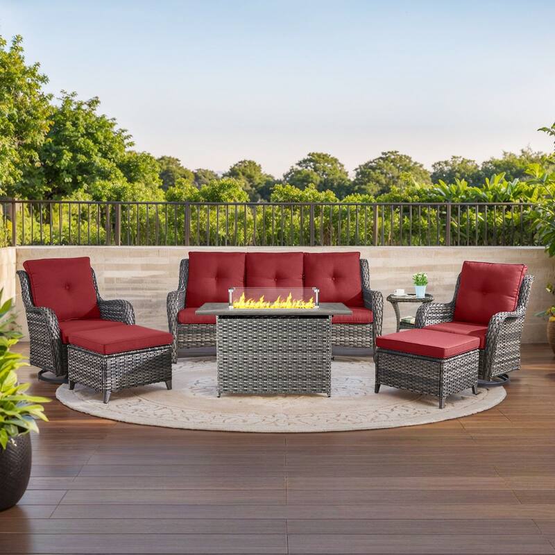 Gymojoy 7-Piece Outdoor Furniture Sofa Set with 2 Swivel Chairs, 2 Ottomans, End Table & 55K BTU Fire Pit Table - Grey Wicker / Red Cusion - 7-Piece