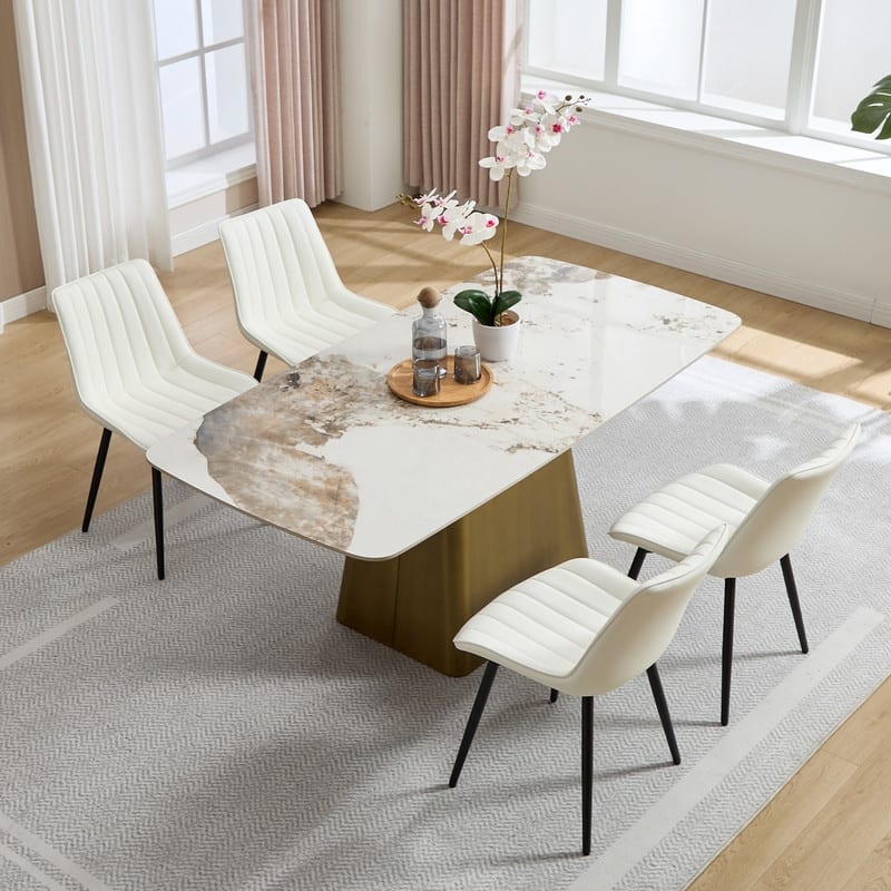 HOMEFUN PU Leather Upholstered Stripes Sturdy Metal Frame Dining Chairs(set of 4) - White