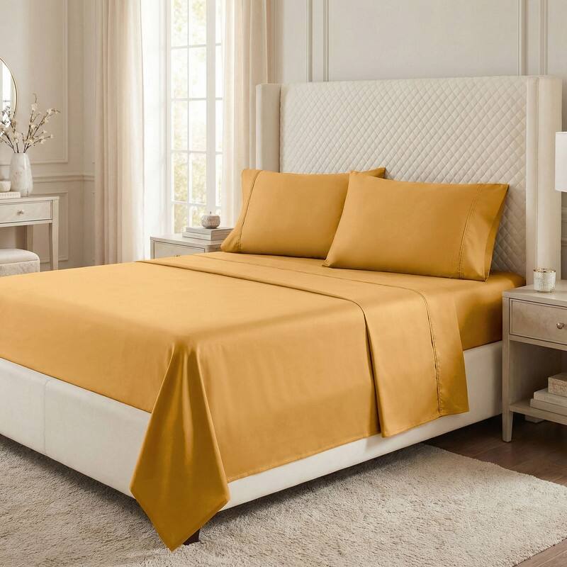 Superior Egyptian Cotton 530 TC Sheet Set Sateen Weave, Deep Pocket, Ultra‑Soft & Breathable Bedding - King - Gold