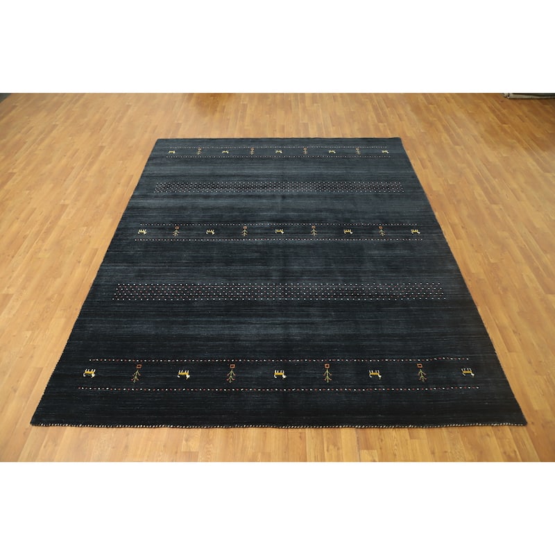 Hand Knotted Oriental 100% Wool Carpet Tribal Animal Pictorial Navy Blue & Blues Gabbeh Area Rug - 9' 10'' X 8' 0''