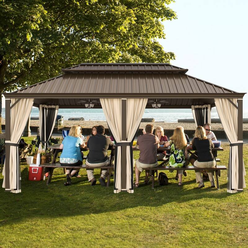 EROMMY Hardtop Patio Gazebo with Double Roof and Privacy Curtains, 12x16 FT Permanent Outdoor Metal Gazebo for Backyard, Deck - 12'x20 - Aluminum Frame