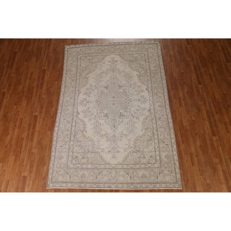 Hand Knotted Oriental 100% Wool Carpet Traditional Medallion Beige & Ivories Tabriz Area Rug - 9' 4'' X 6' 3''