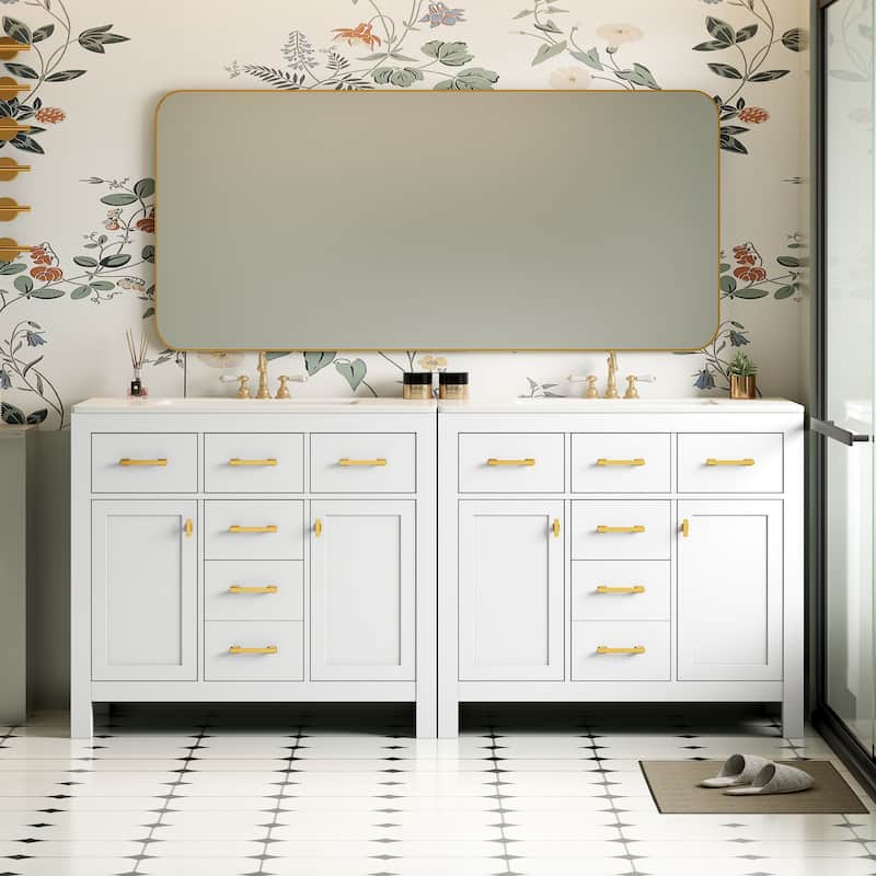 Roomfitters 72" Freestanding Bathroom Vanity with Ceramic Sink, Solid Wood Storage Cabinet with Drawers and Doors