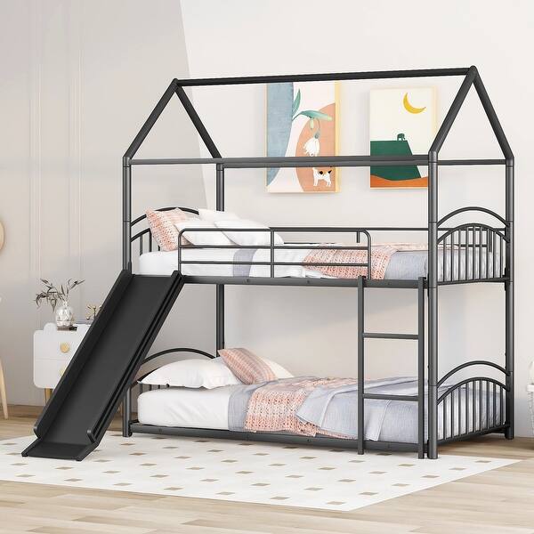 slide 2 of 16, Black Twin over Twin Metal Bunk Bed with Slide & Roof Black