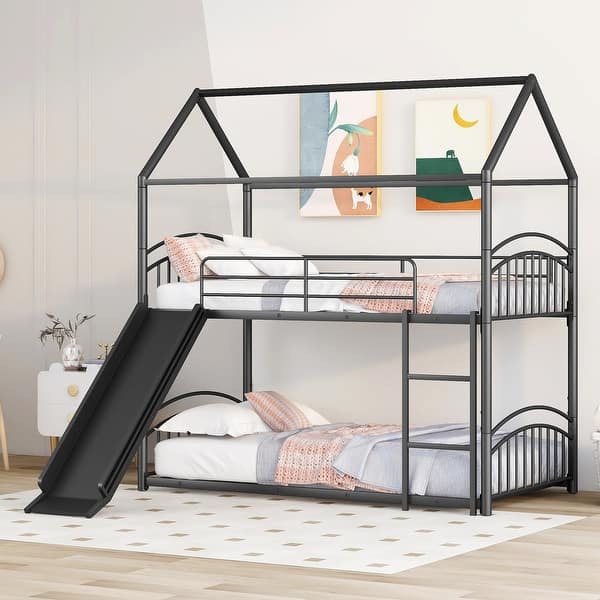 slide 2 of 14, Twin Over Twin Metal Bunk Bed with Slide, Featuring Playful House Design Black