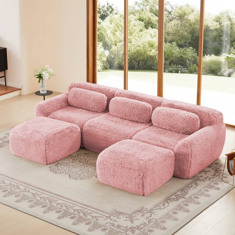 U-shaped Boneless Sofa, 32D High Density Sponge Bottom, Anti-Slip Design With Chaise, Free Combination, Deep Seat Design - Pink