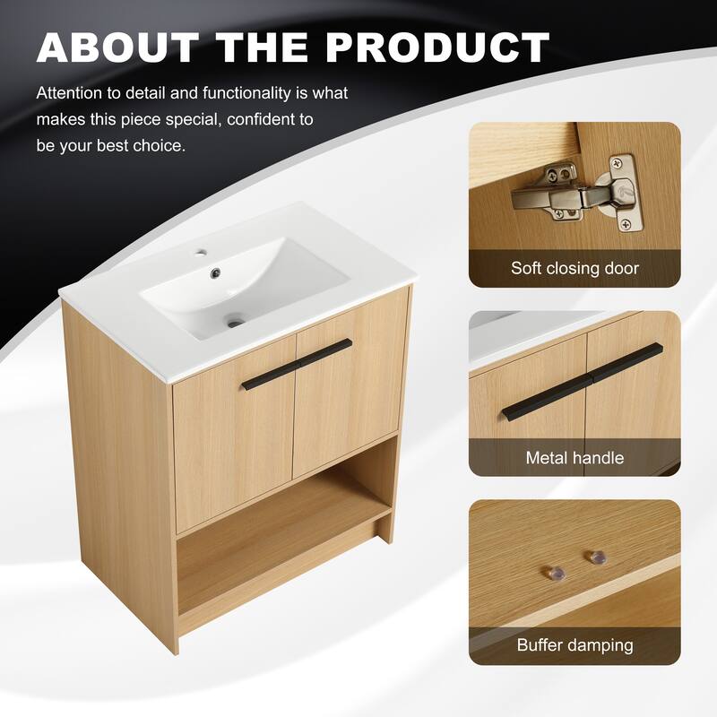 Modern 30 Inch Freestanding Bathroom Vanity with White Ceramic Sink, Water-Resistant Plywood Base