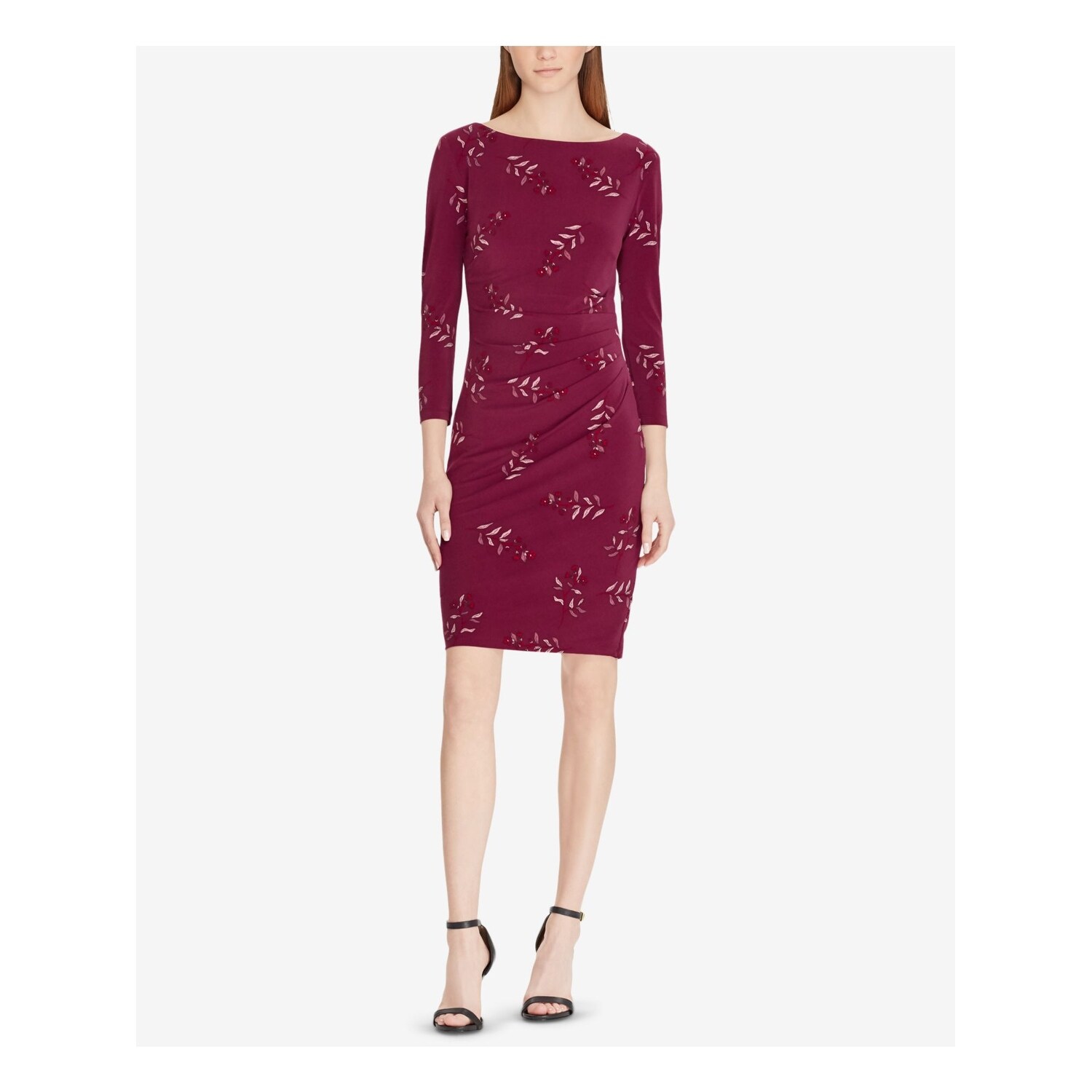 Shop Ralph Lauren Womens Burgundy Ruched Jersey Floral 3 4 Sleeve Boat Neck Above The Knee Body Con Wear To Work Dress Size 2 Overstock 29193465