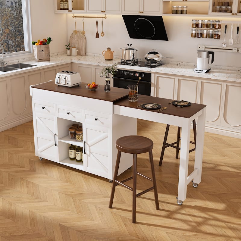 74.8"Kitchen Island with Extendable Dining Table & Power Outlet-Rolling Storage Cart on Wheels with 3 Drawers & 2 Door Cabinet