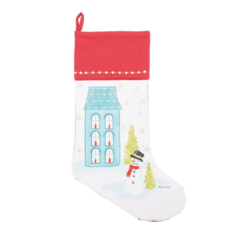 Aqua House & Snowman Printed & Embellished Christmas Stocking