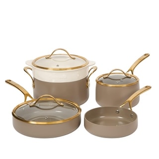 Bloomhouse Pots and Pans Heavy Duty Aluminum Premium PFA Free Ceramic Nonstick - Cappucino Cream with Gold Handle