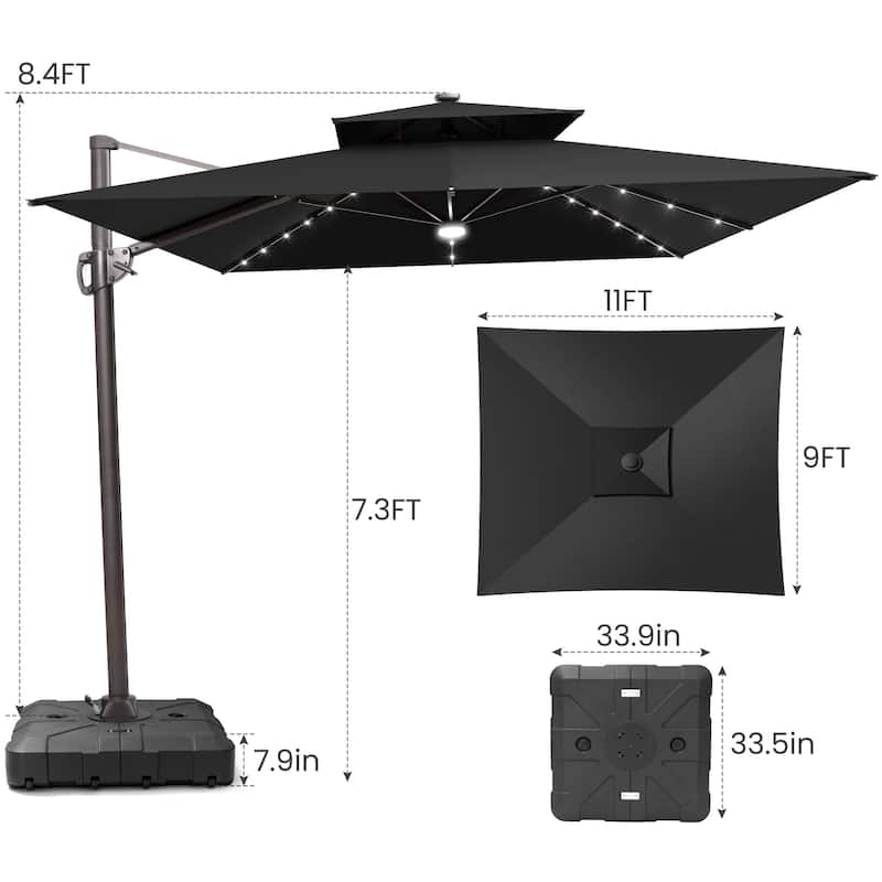 9 FT x 11 FT Outdoor Dual Top Patio Cantilever Umbrella LED Light with Wheel Base