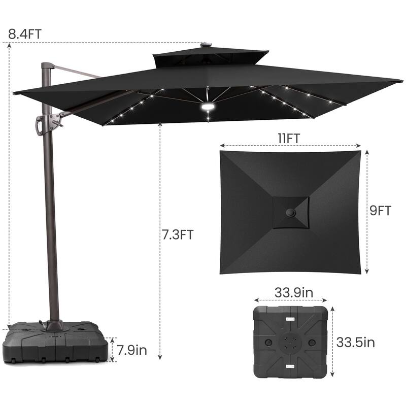 9 x 11 FT Outdoor LED Lighted Double Top Patio Cantilever Umbrella with Base