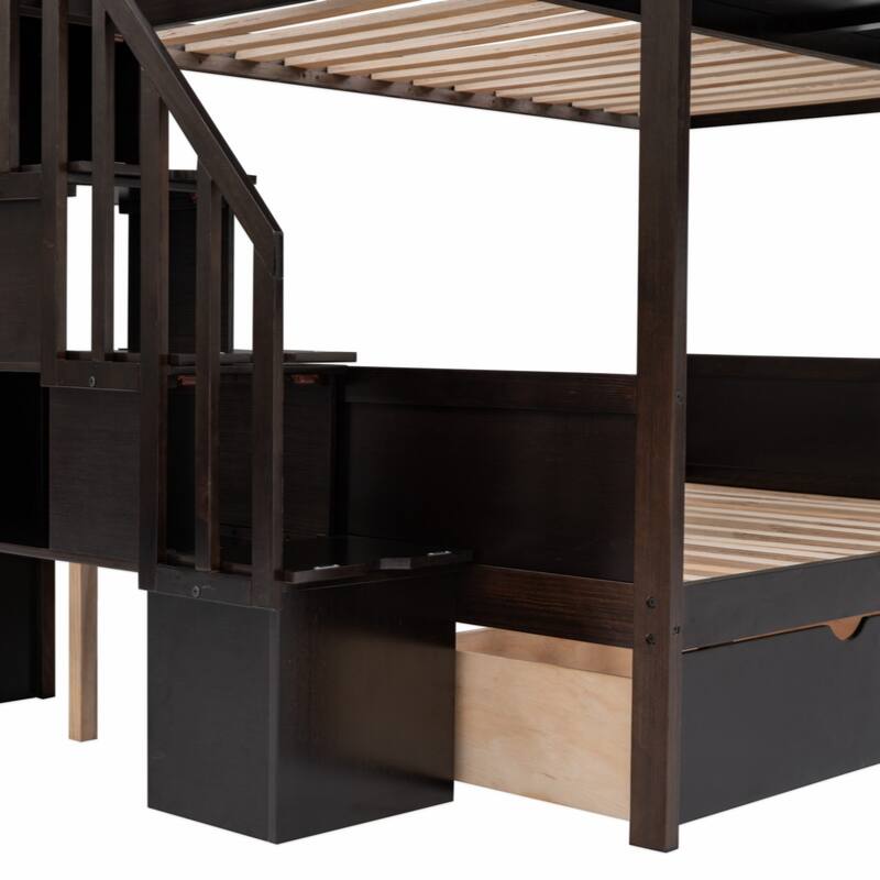 Twin over Full Bunk Bed with Shelfs, Storage Staircase and 2 Drawers