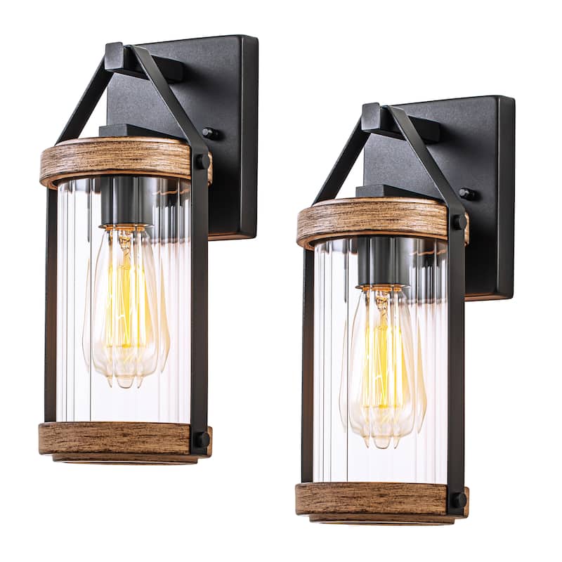 C Cattleya 2-Pack Black and Woodgrain Outdoor Wall Sconces Light