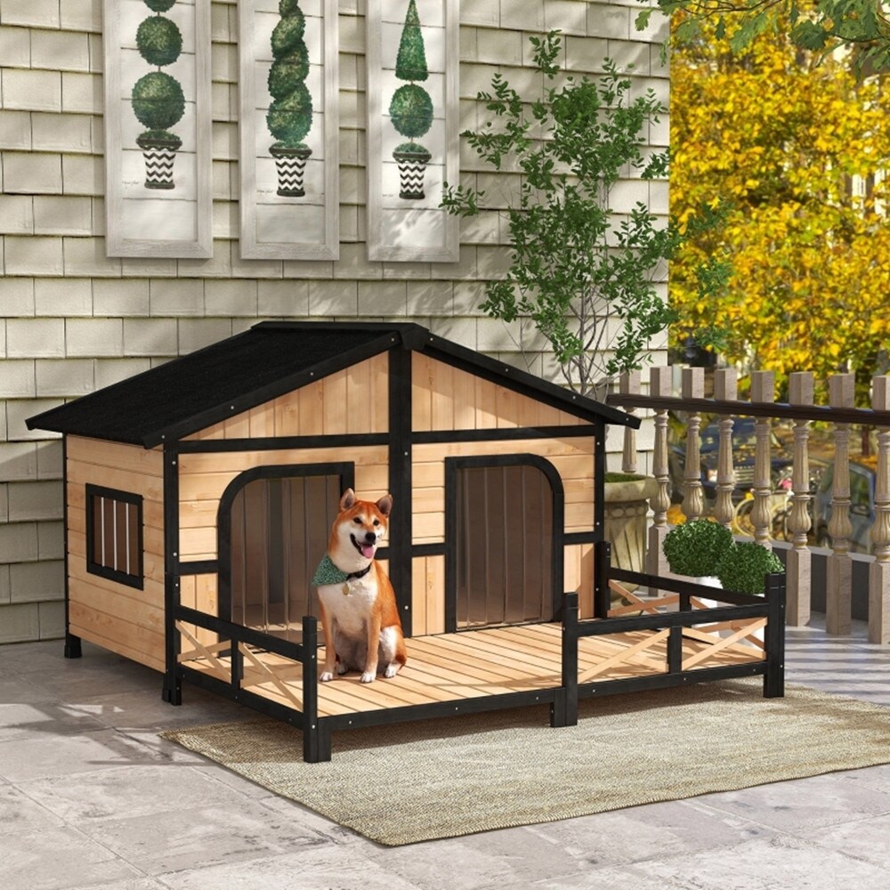 ワンだぁハウス Cabin-Style Dog House with Spacious Deck, Raised Floor & Asphalt