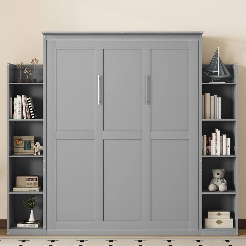 GDFStudio - Carter Full Size Murphy Wall Bed with Shelves, LED Light, and Fold-Away Design