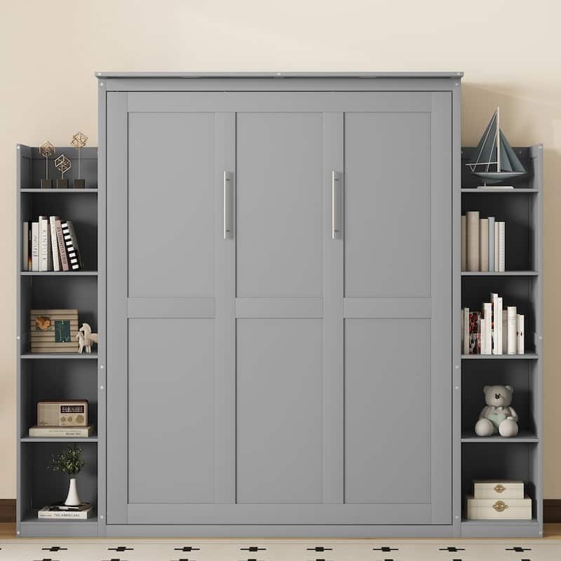 Nordic Creative Queen Size Murphy Bed with Shelves and LED Lights Wall Bed for Kids Teens Adults Space-Saving, Easy Assembly